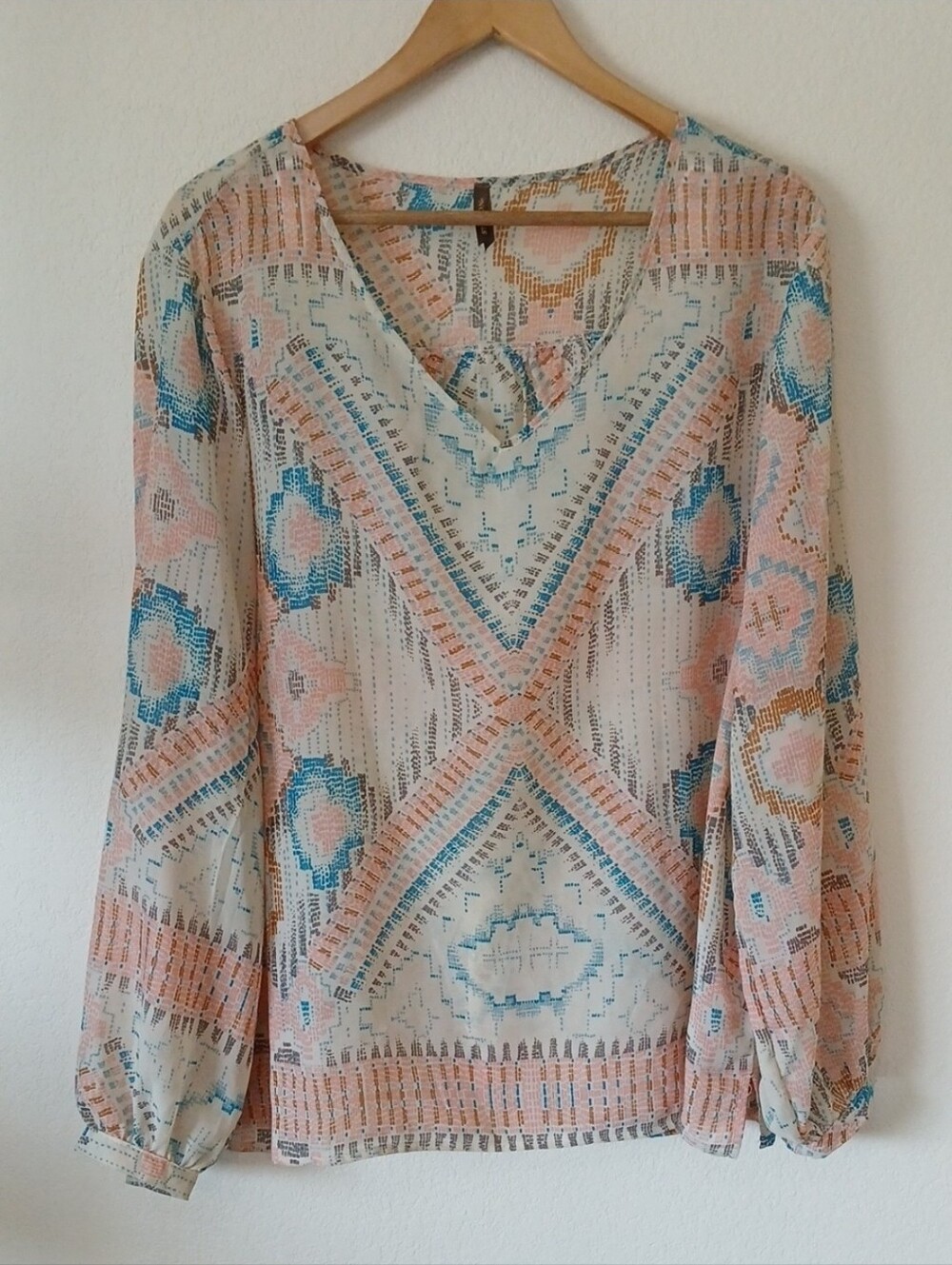 Stetson Semi Sheer Southwestern Print Pink Blue Blouse
